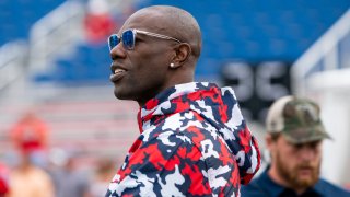 BOCA RATON, FL - OCTOBER 12: Former NFL player Terrell Owens during the college football game between the Middle Tennessee Blue Raiders and the FAU Owls on October 12, 2019, at FAU Stadium in Boca Raton, FL.
