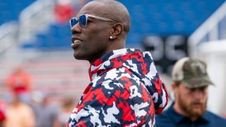 BOCA RATON, FL - OCTOBER 12: Former NFL player Terrell Owens during the college football game between the Middle Tennessee Blue Raiders and the FAU Owls on October 12, 2019, at FAU Stadium in Boca Raton, FL.