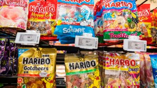 Packets of German confectionery company Haribo gummy candy seen in a supermarket.