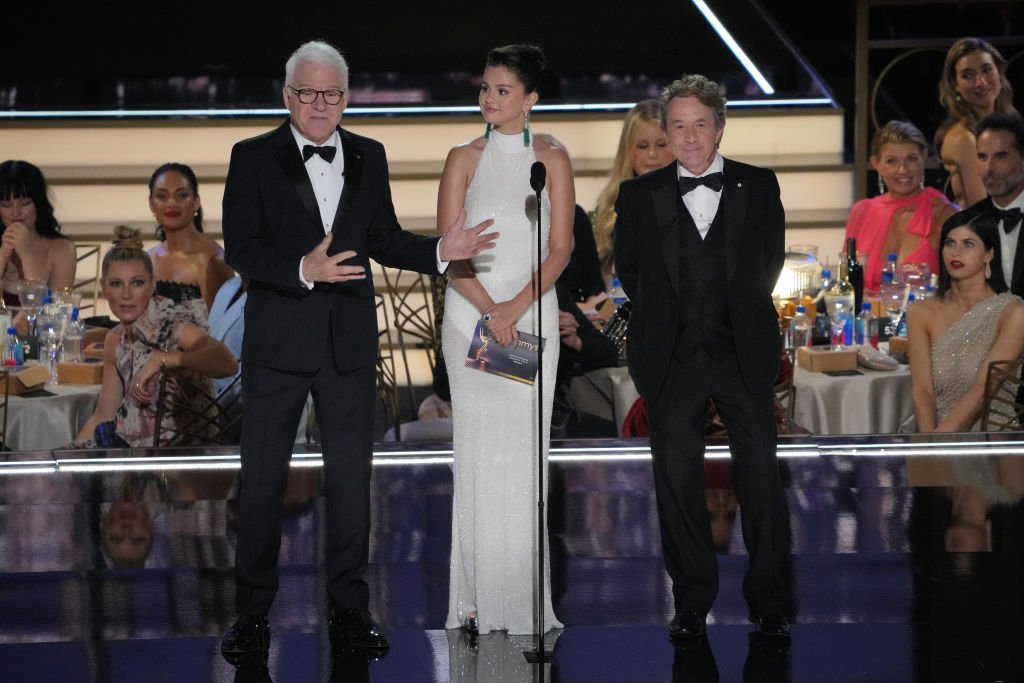 teve Martin, Selena Gomez, and Martin Short speak onstage during the 74th Primetime Emmys at Microsoft Theater on September 12, 2022 in Los Angeles, California. 