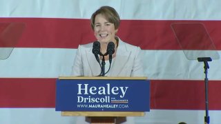 Maura Healey speaks to supporters at her victory party after being elected governor of Massachusetts on Tuesday, Nov. 8, 2022.