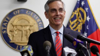Georgia Secretary of State Brad Raffensperger, who is also running for re-election on the Republican ticket, holds his first press briefing of Election Day in Atlanta, Georgia, November 8, 2022.