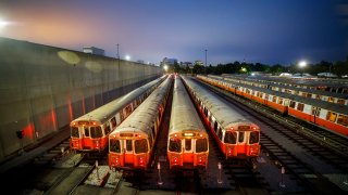 Sept. 19- Medford, Mass. Orange line MBTA train ready for their first day back in business after a 30- day safety review shutdown.