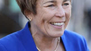 East Boston, MA – November 8: Gubernatorial candidate Maura Healey smiles as she talks to reporters following an Election Day gathering at Santarpios. (Photo by Jessica Rinaldi/The Boston Globe via Getty Images)