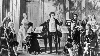 German composer Ludwig van Beethoven (1770 - 1827) conducting one of his three 'Rasumowsky' string quartets