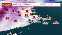 A map showing the wind chill forecast across Boston, Massachusetts and parts of New England as a storm hits the region on Friday, Dec. 23, 2022.