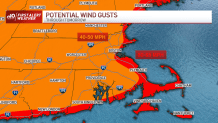 Un mapa que muestra el potencial de fuertes vientos para Boston, Massachusetts y partes de Nueva Inglaterra el viernes 23 de diciembre de 2022.