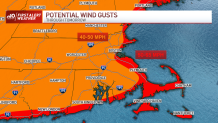 Un mapa que muestra el potencial de fuertes vientos para Boston, Massachusetts y partes de Nueva Inglaterra el viernes 23 de diciembre de 2022.