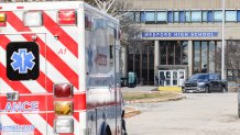 An ambulance outside Medford High School on Monday, Dec. 19, 2022. A large police presence was seen as well, though officials didn't immediately say what prompted first responders to head to the school.