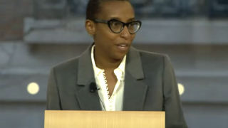 Claudine Gay, Harvard’s incoming president, speaks at the Smith Campus Center on Thursday, hours after she was named the school’s first Black president and the second female leader.