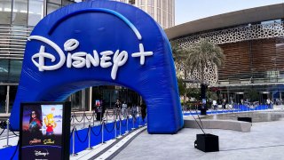 An inflatable Disney+ logo is pictured at a press event ahead of launching a streaming service in the Middle East and North Africa, at Dubai Opera in Dubai, United Arab Emirates, June 7, 2022.