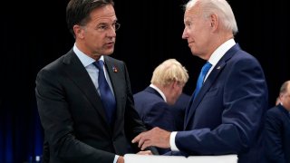 FILE - Netherland's Prime Minister Mark Rutte, left, speaks with U.S. President Joe Biden