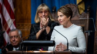 Massachusetts Gov. Maura Healey delivers her inaugural address at her swearing-in ceremony on Thursday, Jan. 5, 2023. Healey made history as the first woman ever elected to the post and one of the nations first openly lesbian governors.