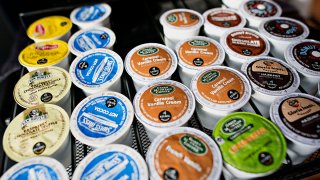 A tray of Keurig Green Mountain Inc. K-Cup coffee packs is arranged for a photograph at a salon in Princeton, Illinois, U.S., on Tuesday, Feb. 3, 2015.