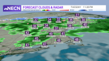 a weather map shows rain across most of New England Tuesday night