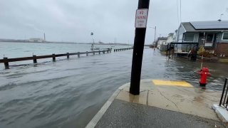 Flooding on River Avenue in Revere, Massachusetts on Jan. 23, 2023.