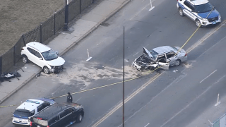 A car and an SUV that crashed in Boston's Charlestown neighborhood on Wednesday, Jan. 11, 2023.