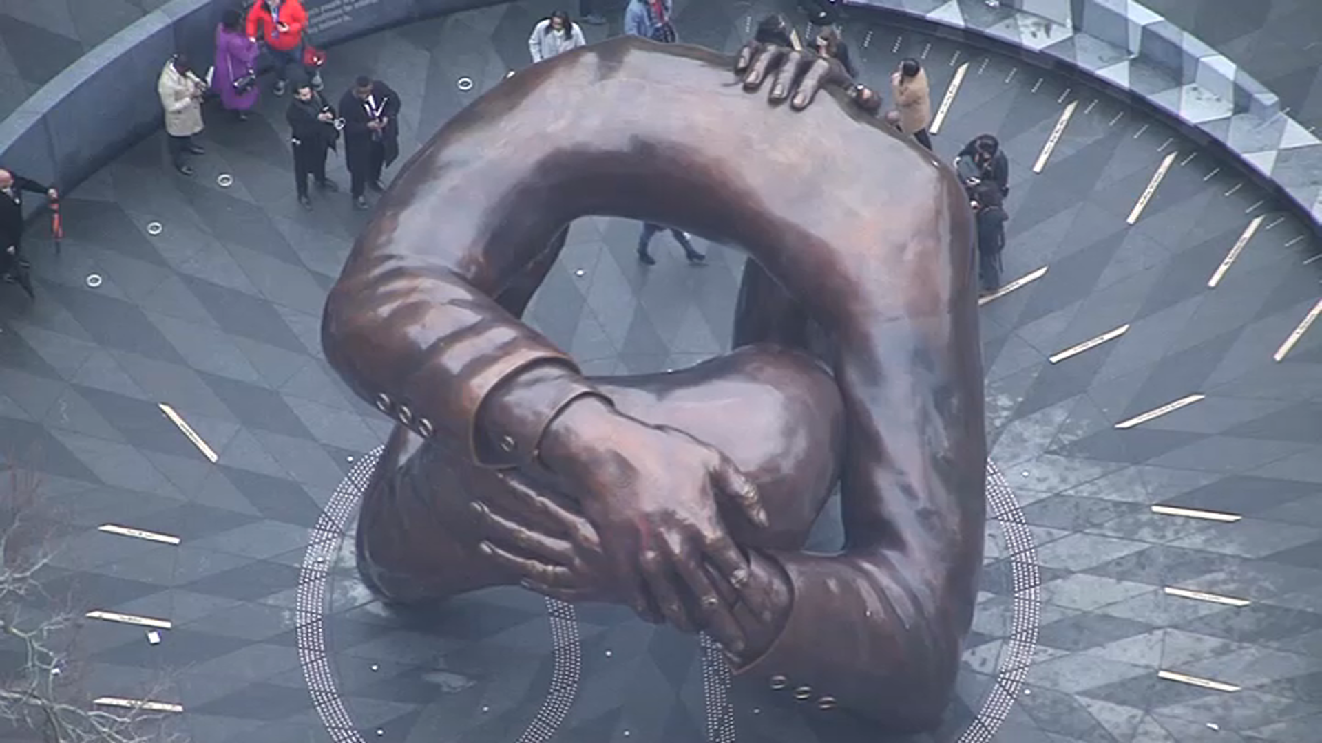 An overhead view of the Embrace Boston statue on Boston Common after its unveiling Friday, Jan. 13, 2023.