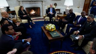 FILE - President Joe Biden and Vice President Kamala Harris meet with members of the Congressional Black Caucus