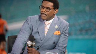 FILE - NFL Network analyst Michael Irvin speaks on air during the NFL Network's NFL GameDay Kickoff broadcast before the start of an NFL football game between the Baltimore Ravens and the Miami Dolphins, on Nov. 11, 2021, in Miami Gardens, Fla. Irvin has been pulled from the remainder of NFL Network's Super Bowl week coverage after a complaint about Irvin's behavior in a hotel Sunday night, Feb. 5, 2023.