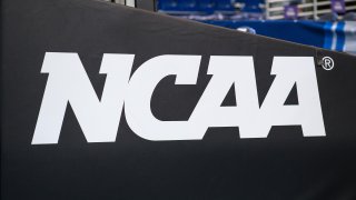 A general view of the NCAA logo during the first round of March Madness on March 21, 2019, at XL Center in Hartford, Connecticut.