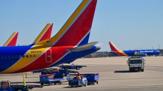 Southwest Airlines planes are seen at the Austin-Bergstrom International Airport on January 22, 2023.