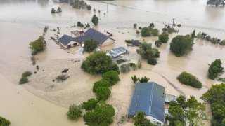 An aerial photo taken on February 14, 2023 shows flooding