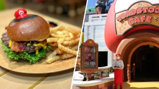 A Mario burger is just one of the character-themed entrees available at the Toadstool Cafe inside Super Nintendo World, which opens to the public on Friday, Feb. 17 at Universal Studios Hollywood.