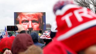 President Donald Trump is seen on a screen speaking to supporters during a rally to contest the certification of the 2020 U.S. presidential election results by the U.S. Congress, in Washington, January 6, 2021.