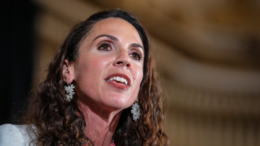 Boston, MA – November 8: Newly elected Massachusetts State Auditor Diana DiZoglio speaks to attendees of the Massachusetts Democratic Partys Election Night in the Grand Ballroom at Copley Hotel. (Photo by Erin Clark/The Boston Globe via Getty Images)