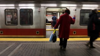 A file photo of a Red Line train at the Park Street Station in Boston.