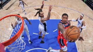 Bradley Beal #3 of the Washington Wizards goes to the basket during the game on March 21, 2023 at Amway Center in Orlando, Florida. NOTE TO USER: User expressly acknowledges and agrees that, by downloading and or using this photograph, User is consenting to the terms and conditions of the Getty Images License Agreement. Mandatory Copyright Notice: Copyright 2023 NBAE (Photo by Fernando Medina/NBAE via Getty Images)