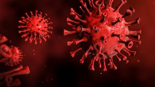Corona Virus against Red Background 3d Render