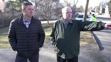 John Rolfe (right) stands with NBC10 Boston's Ryan Kath at the intersection where he was hit.