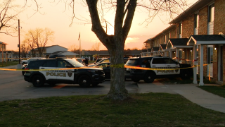 Police cars outside the home where a 16-month-old boy was killed by his sibling.