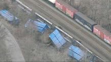 A derailed freight train in Ayer, Massachusetts, on Thursday, March 23, 2023.