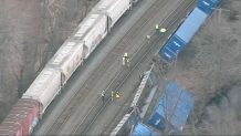 A derailed freight train in Ayer, Massachusetts, on Thursday, March 23, 2023.