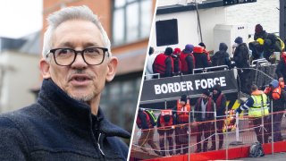 A photo of BBC sports presenter Gary Lineker, left, and migrants crossing the channel on a boat, right.