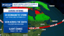 A graphic showing where the northern lights may be visible in the Northeast on Friday night and Saturday morning March 24-25, 2023, amid a G4 geomagnetic storm.