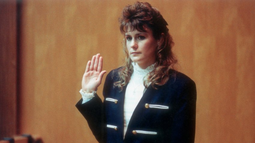 Pamela Smart gets sworn in before testifying in her own defense in Rockingham County Court. Smart, a former high school teacher is charged with enlisting three teenagers to murder her husband. If convicted on the murder conspiracy charge she faces life in prison.