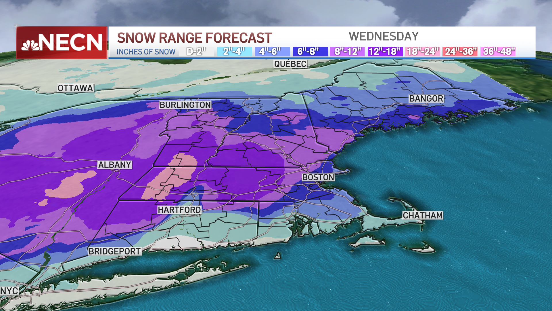 A map showing expected snowfall totals by Wednesday across New England.