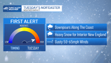 A graphic showing what to expect for Tuesday's nor'easter: downpours along the Massachusetts coast, heavy snow for interior New England and gusty winds from 50-65 mph.