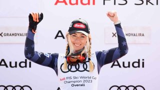 Mikaela Shiffrin celebrates her Giant Slalom Victory at the Audi FIS Alpine Ski World Cup Finals on March 19.