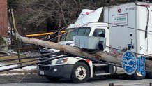 Seven utility poles carrying power lines fell along a street in Stoneham, Massachusetts, on Wednesday, March 1, 2023.