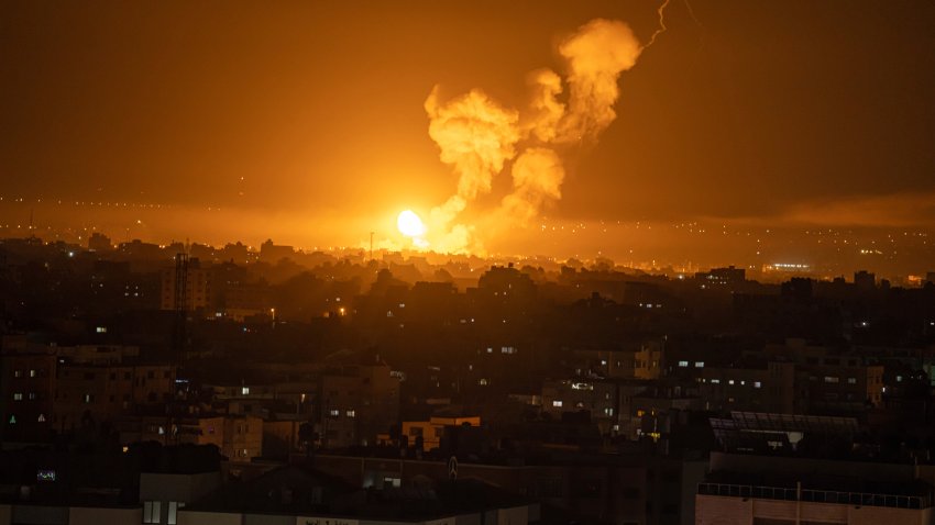 Fire and smoke rise following an Israeli airstrike in central Gaza Strip, Friday, April 7, 2023. The Israeli military has struck targets in the Gaza Strip, pushing the region toward a wider conflagration after a day of rocket fire along the country’s northern and southern borders. The fighting follows two days of unrest at Jerusalem’s most sensitive holy site. As Israeli aircraft began striking Gaza, Palestinian militants quickly fired off a new barrage of rockets, setting off air raid sirens across southern Israel.