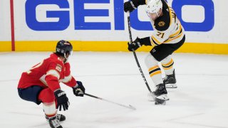 Boston Bruins left wing Taylor Hall (71) takes a shot against Florida Panthers defenseman Brandon Montour (62) during the second period of Game 6 of an NHL hockey Stanley Cup first-round playoff series, Friday, April 28, 2023, in Sunrise, Fla.