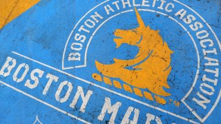 BOSTON, MASSACHUSETTS – APRIL 20: A detail of the Boston Marathon finish line on April 20, 2020 in Boston, Massachusetts. Due to the coronavirus (COVID-19) pandemic, the race was rescheduled to September 14, 2020 instead of being run on April 20, Patriot’s Day. (Photo by Maddie Meyer/Getty Images)