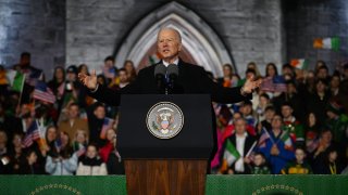 U.S. President Joe Biden addresses a crowd during a celebration event at St Muredach’s Cathedral on April 14, 2023 in Ballina, Ireland. U.S.