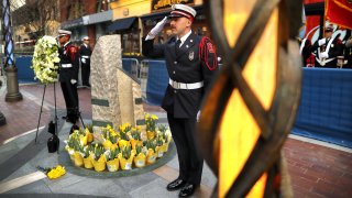 A ceremony held at the two bombing sites on Boylston Street to mark the 10th anniversary of the Boston Marathon bombings.