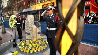 A ceremony held at the two bombing sites on Boylston Street to mark the 10th anniversary of the Boston Marathon bombings.